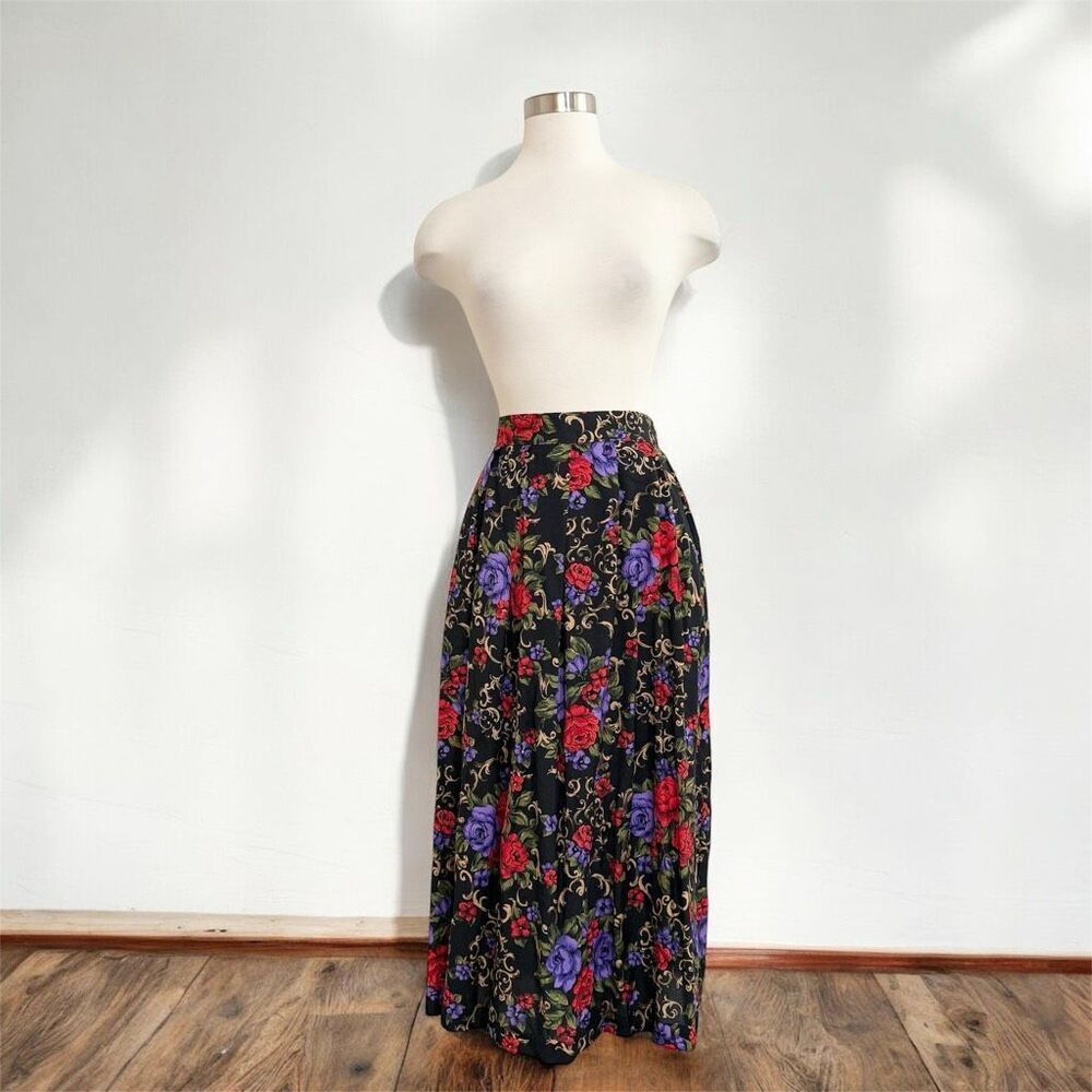 Vintage Black Floral Midi Skirt with Red and Purple Roses